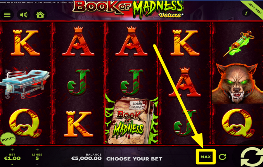 Book of Madness Deluxe ALLOCATE THE PEAK BETTING AMOUNT.