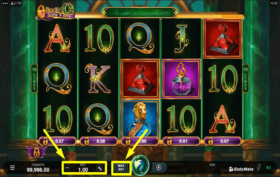 Book of Oz Lock n Spin Choisissez le montant de votre mise. 