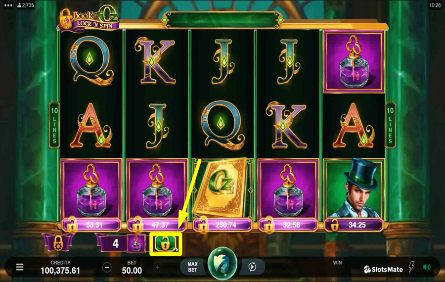 Book of Oz Lock n Spin Utilisation de la fonction optionnelle « Lock 'N Spin ».