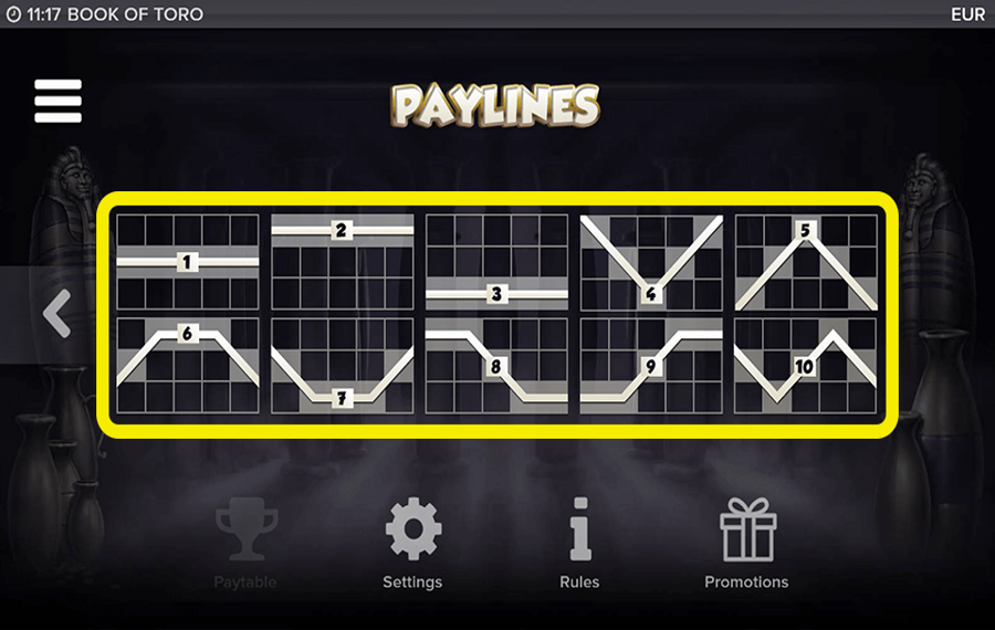 Book Of Toro Choisissez les lignes de paiement.