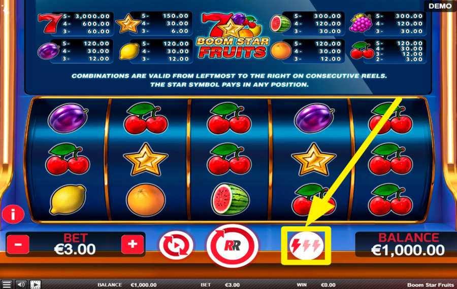 Boom Star Fruits CHANGE THE REEL SPINNING SPEED.