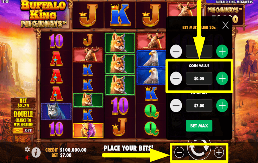 Buffalo King Megaways DÉFINIR LA VALEUR DE LA PIÈCE.