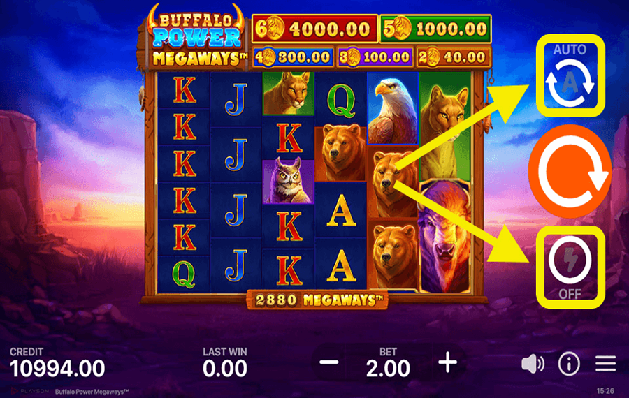 Buffalo Power Megaways Usando las funciones opcionales “Autoplay” y “Turbo”.