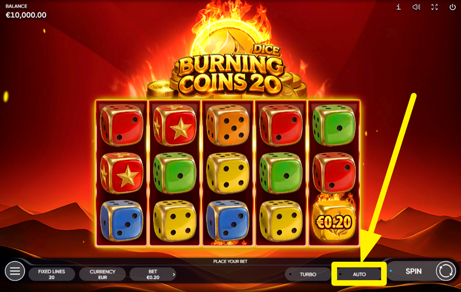 Burning Coins 20 Dice INITIATE AUTOMATIC SPINNING.