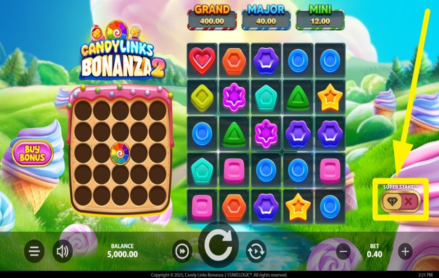 Candy Links Bonanza 2 SUPER Stake einschalten.