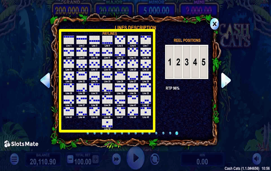 Cash Cats Выберите линии выплат.