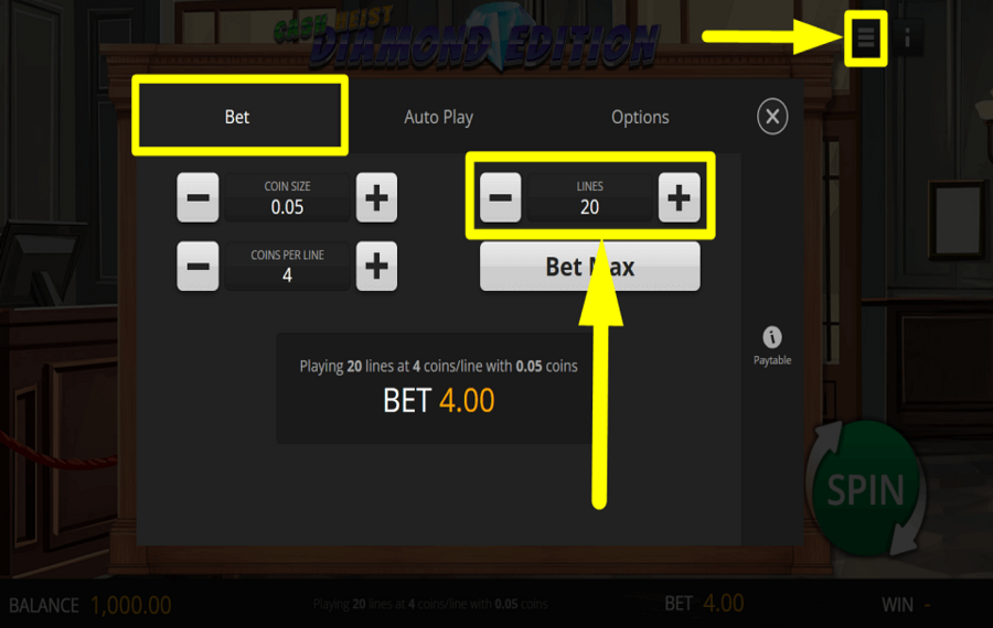 Cash Heist Diamond Edition ADJUST THE PAYLINES.