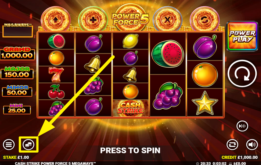 Cash Strike Power Force 5 Megaways SELEZIONA L'IMPORTO DELLA TUA SCOMMESSA.