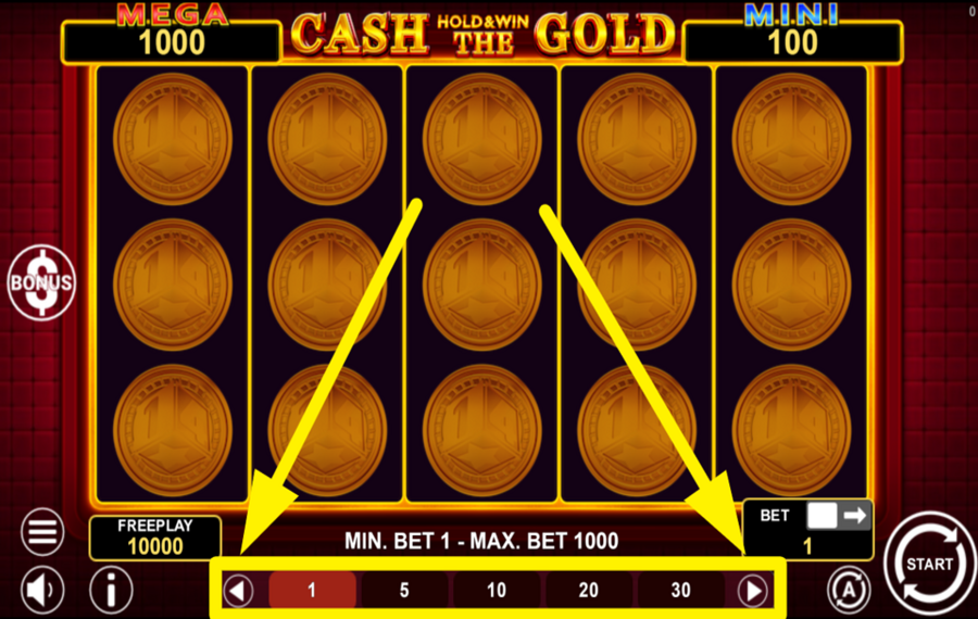 Cash The Gold Hold and Win CHOOSE THE TOTAL BET.