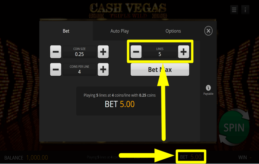 Cash Vegas Triple Wild AJUSTEZ LES LIGNES DE PAIEMENT.