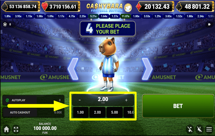 Cashybara Football Edition SCEGLI LA TUA POSTA IN GIOCO.