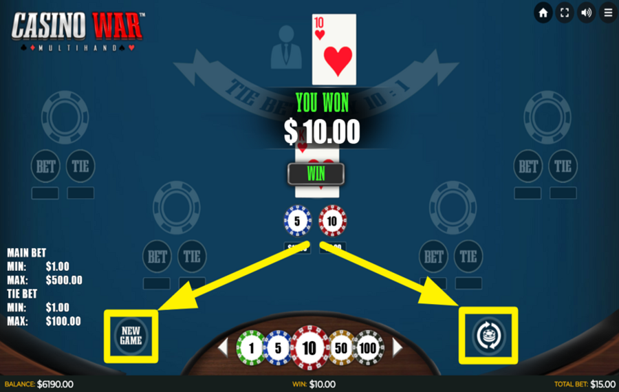 Casino War Multihand VOLVER A APOSTAR O COMENZAR TODO DE NUEVO.