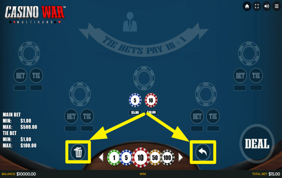 Casino War Multihand LIMPIAR LA CUBIERTA O DESHAZ LA ÚLTIMA SELECCIÓN.