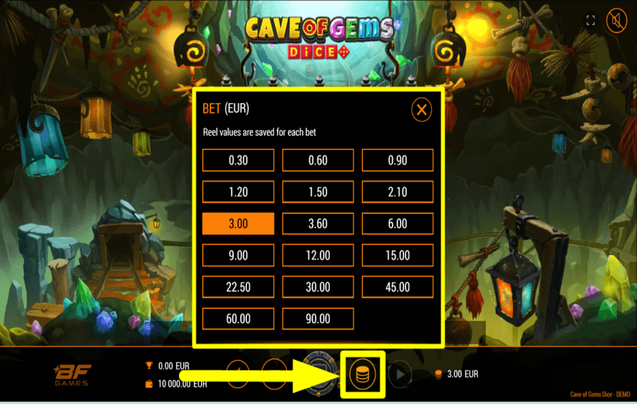 Cave of Gems Dice PLACE YOUR WAGER.