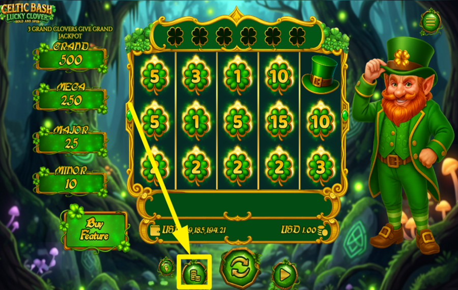 Celtic Bash Lucky Clover Hold and Spin ASIGNAR UN VALOR DE APUESTA.