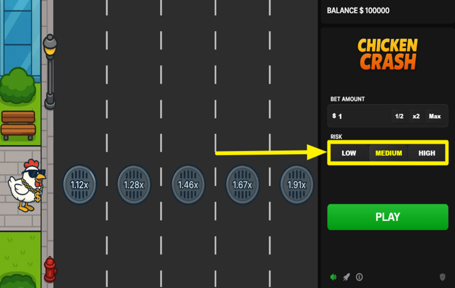 Chicken Crash WÄHLEN SIE EIN RISIKOSTUFE.