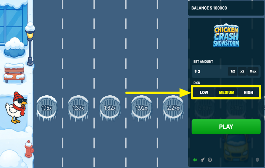 Chicken Crash Snowstorm CHOISISSEZ UN NIVEAU DE RISQUE.