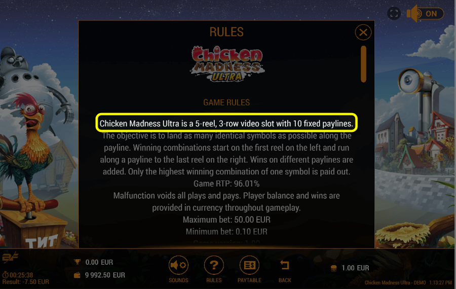 Chicken Madness Ultra Cambia il numero di linee di pagamento