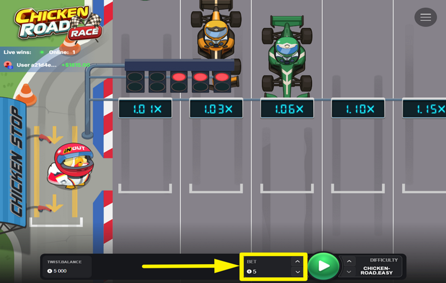 Chicken Road Race MODIFIER LE MONTANT DE LA MISE.