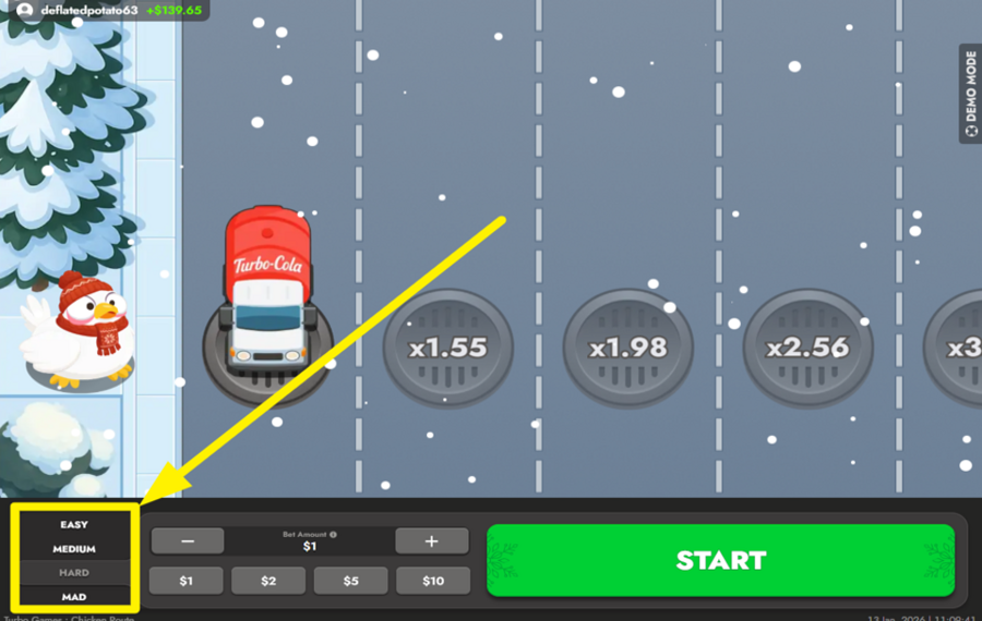 Chicken Route CHOISISSEZ UN NIVEAU DE DIFFICULTÉ.