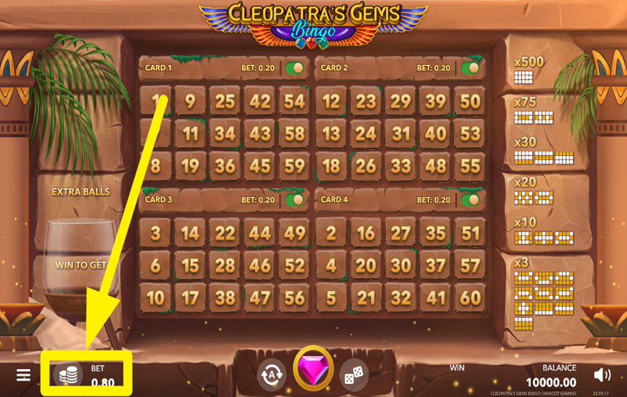 Cleopatras Gems Bingo BESTIMMEN SIE IHREN EINSATZ.