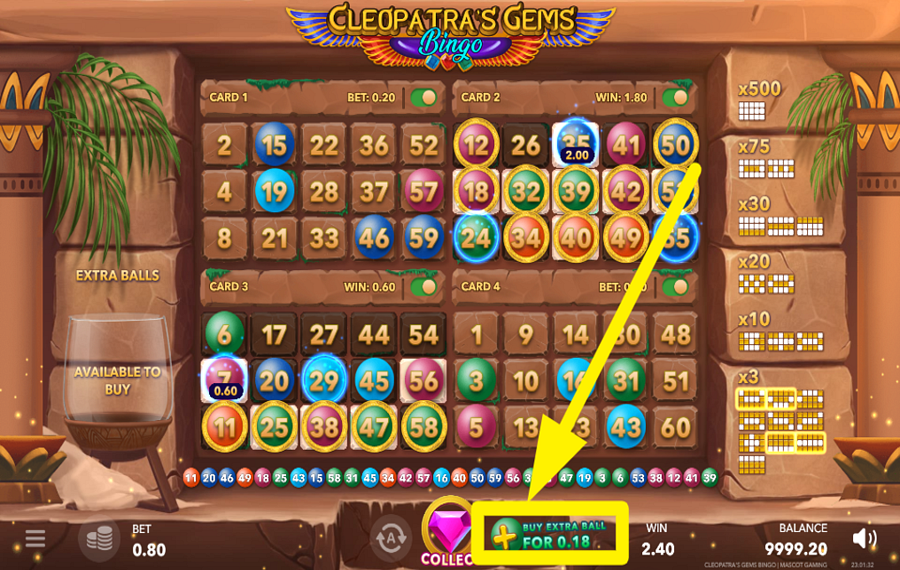 Cleopatras Gems Bingo KAUFEN SIE EINEN ZUSÄTZLICHEN BALL.