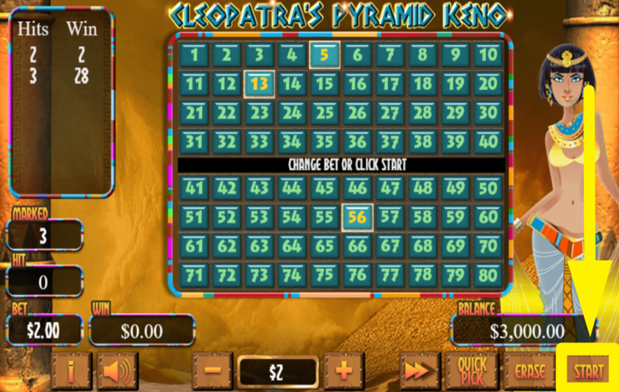 Cleopatras Pyramid Keno SÉLECTIONNEZ DES NUMÉROS SUR LE TABLEAU.