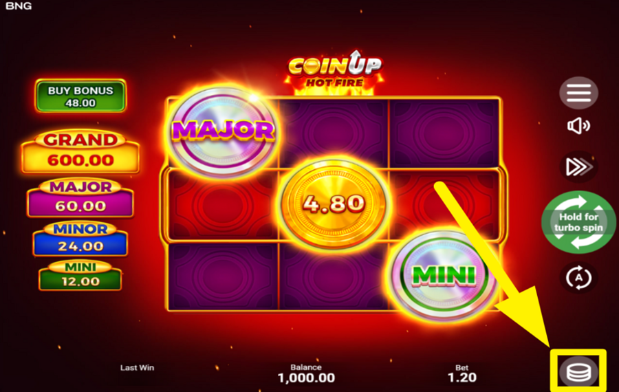 Coin UP Hot Fire SELECT YOUR BET AMOUNT.