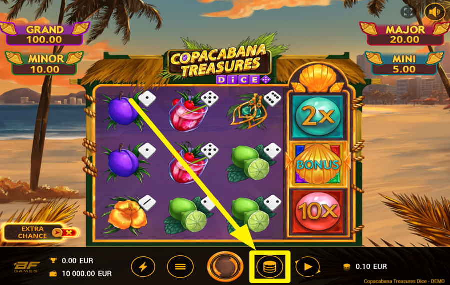 Copacabana Treasures Dice ATTRIBUER UNE VALEUR DE PARI.