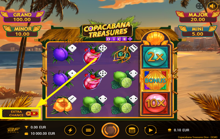 Copacabana Treasures Dice ACTIVER L'OPTION CHANCE SUPPLÉMENTAIRE.