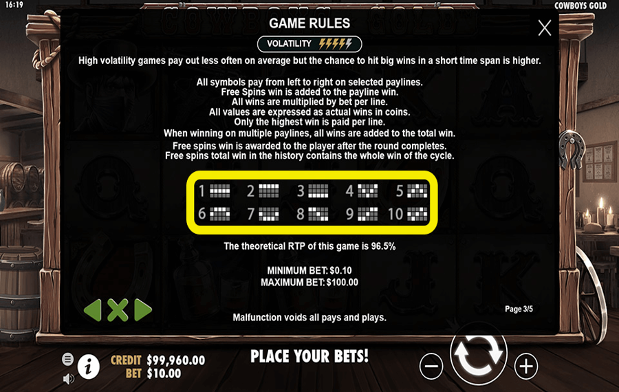 Cowboys Gold Choisissez les lignes de paiement.