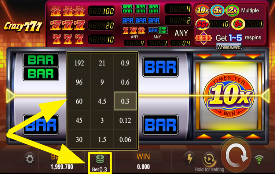 Crazy 777 Geben Sie Ihren Einsatz an.