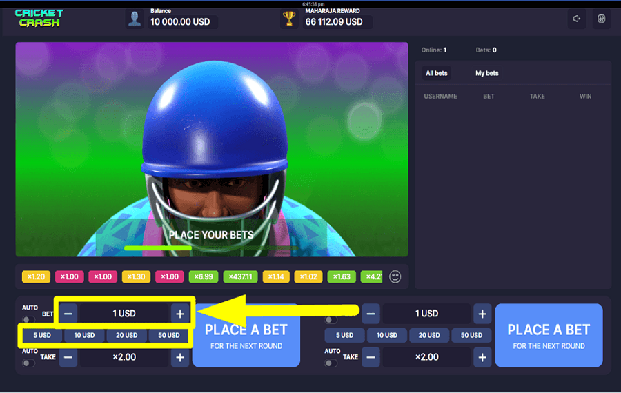 Cricket Crash SELECT YOUR WAGER.