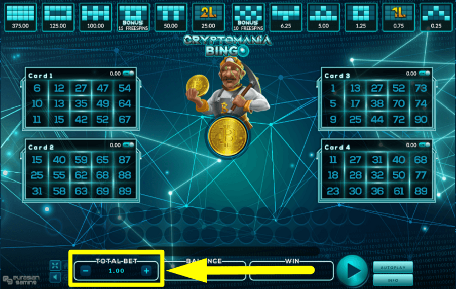 Cryptomania Bingo ASSIGN A BET AMOUNT.