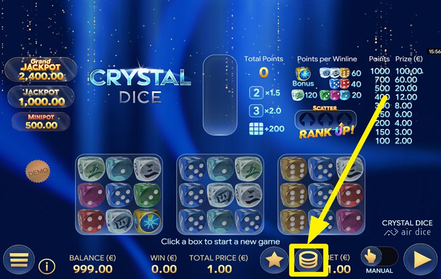 Crystal Dice SELECCIONE UN IMPORTE PARA SU APUESTA.