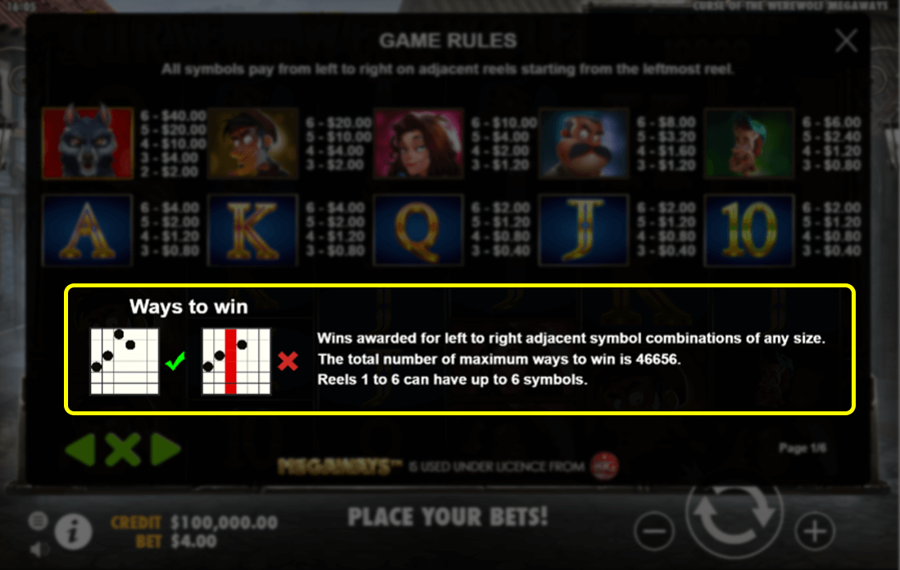 Curse of the Werewolf Megaways Select the number of paylines