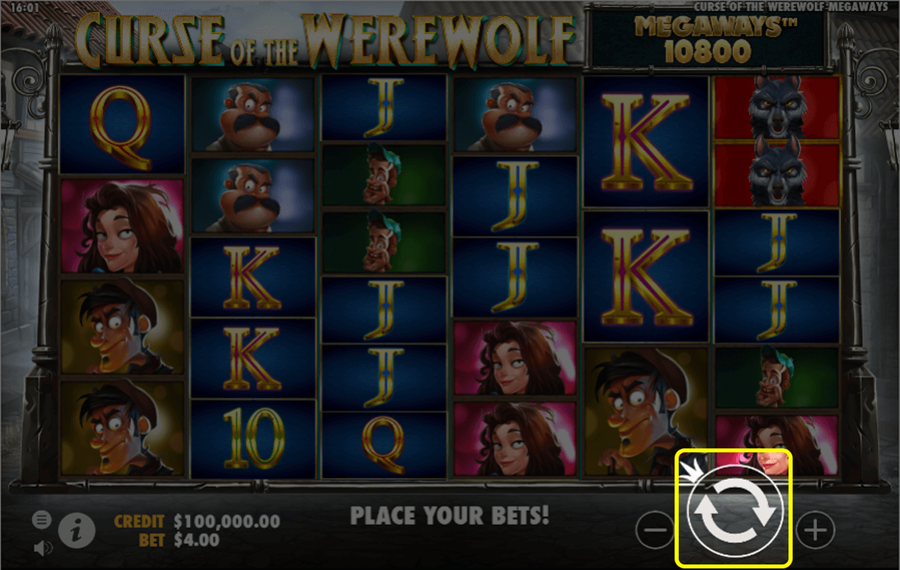 Curse of the Werewolf Megaways Press/ Push the spin button
