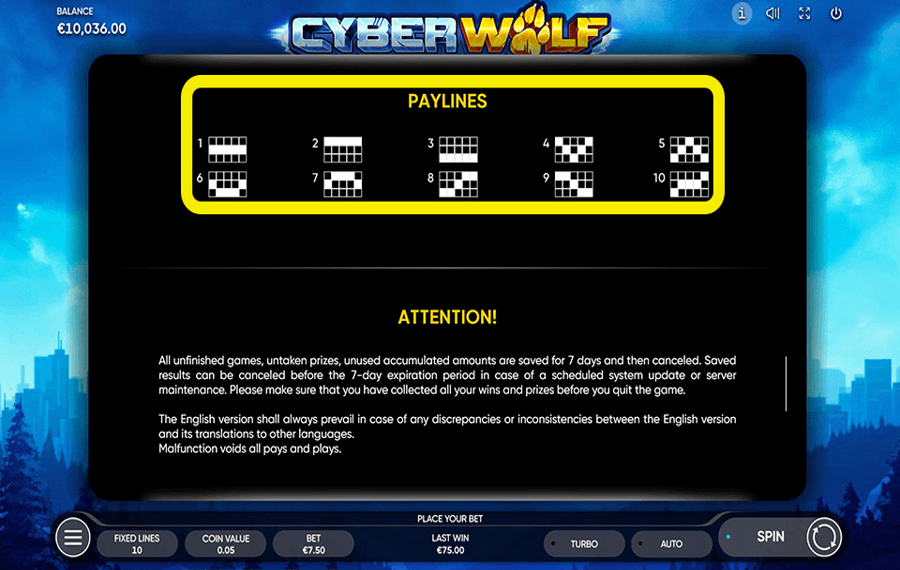 Cyber Wolf Elige las líneas de pago.