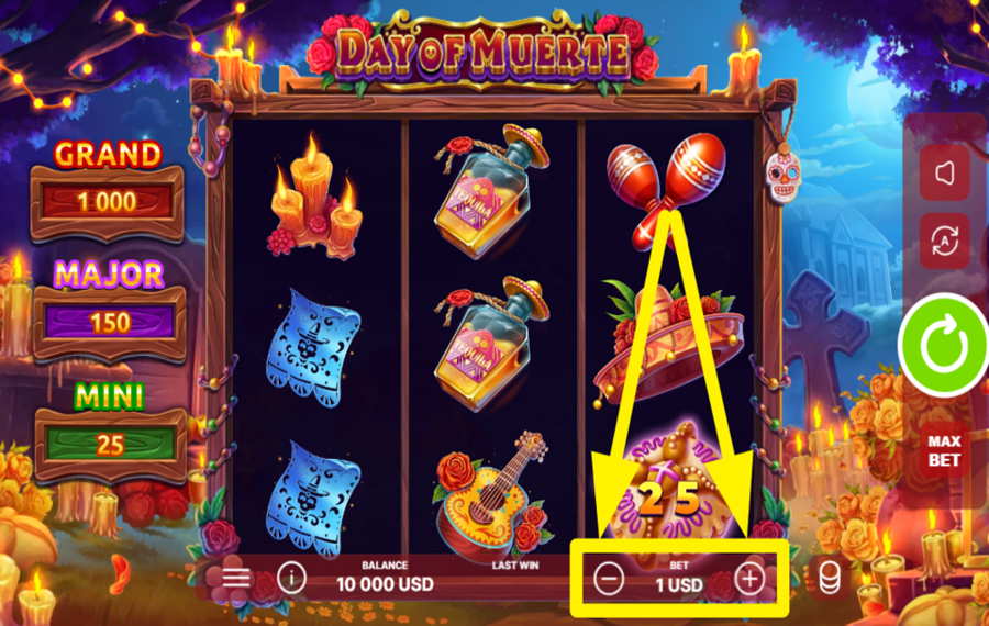 Day of Muerte SELECT YOUR BET AMOUNT.