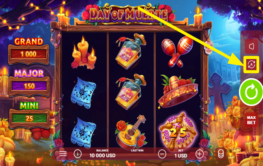 Day of Muerte INITIATE AUTOMATIC SPINS.