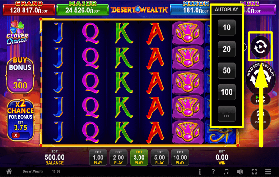 Desert Wealth Clover Chance INICIAR GIROS AUTOMÁTICOS.