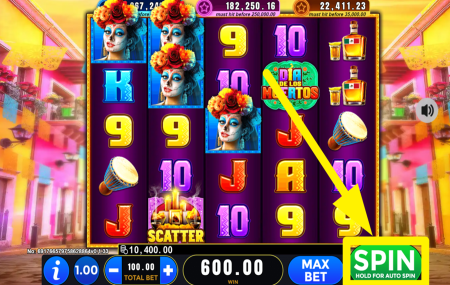 Dia de los Muertos INITIATE AUTOMATIC SPINS.