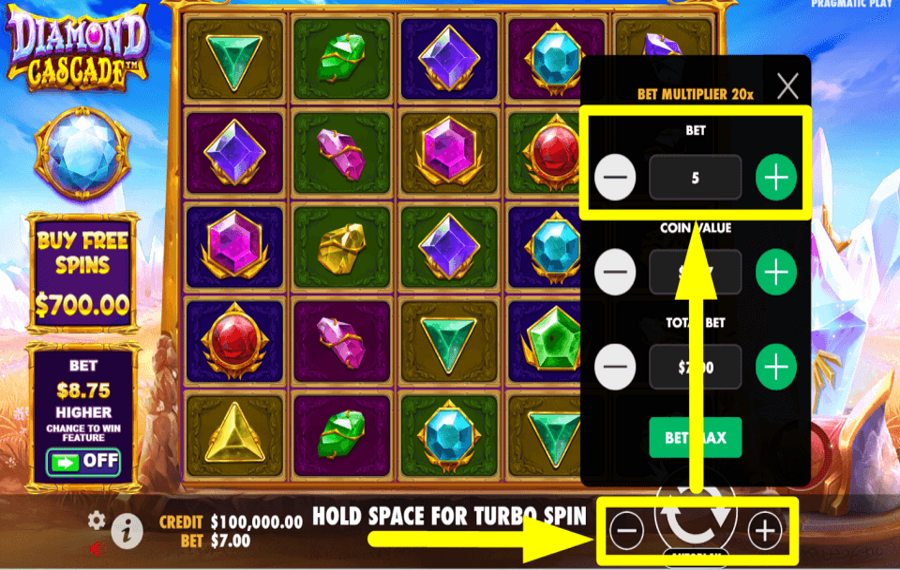 Diamond Cascade CHOOSE THE BET AMOUNT.