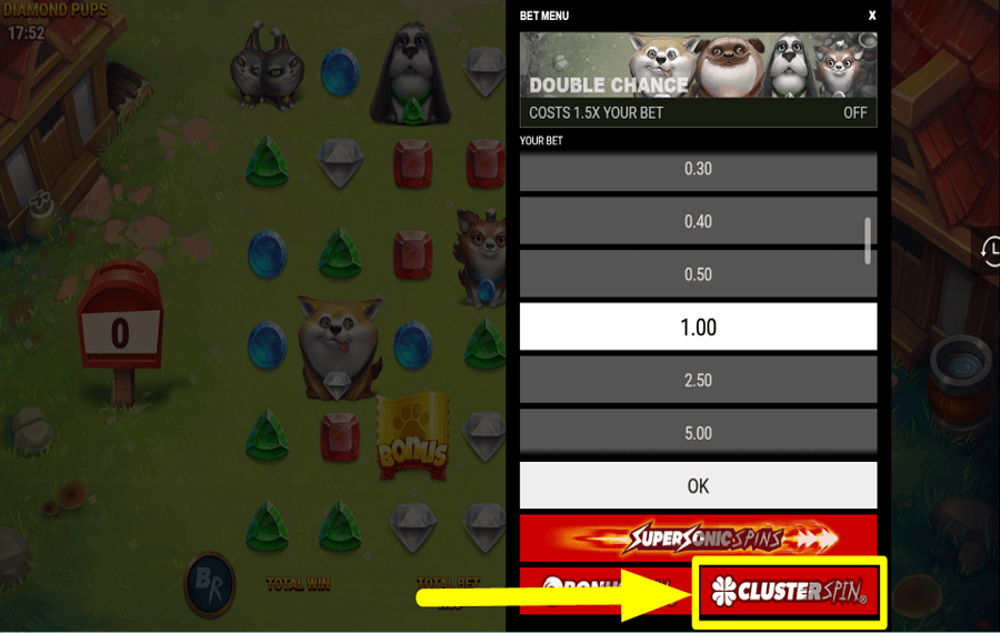 Diamond Pups ZAHLEN SIE FÜR CLUSTER-SPINS.