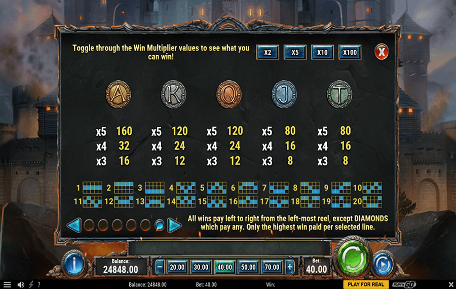 Diamonds of the Realm Wählen Sie die Gewinnlinien.