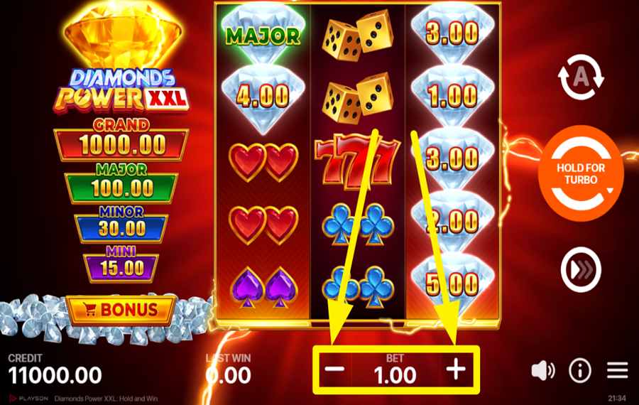 Diamonds Power XXL Hold and Win CHOISISSEZ LE MONTANT DE VOTRE MISE.