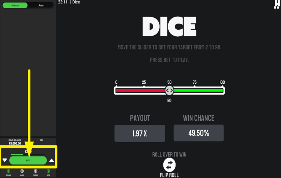 Dice Dare2Win ADJUST AND PLACE YOUR BET.
