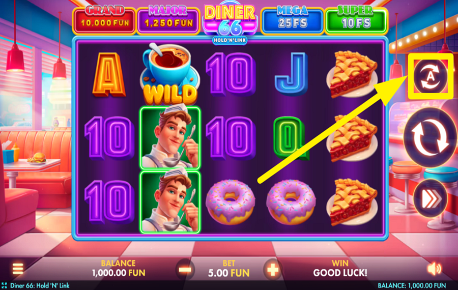 Diner 66 Hold N Link SPIN THE REELS AUTOMATICALLY.