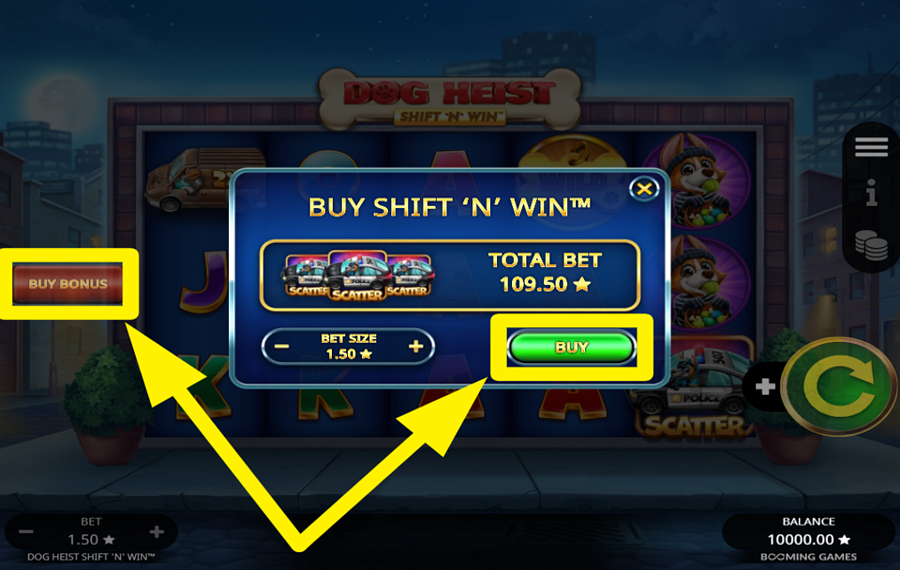 Dog Heist Shift N Win PURCHASE FREE SPINS.