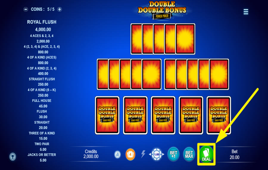 Double Double Bonus Power Poker GEBEN SIE DIE KARTEN AUS.